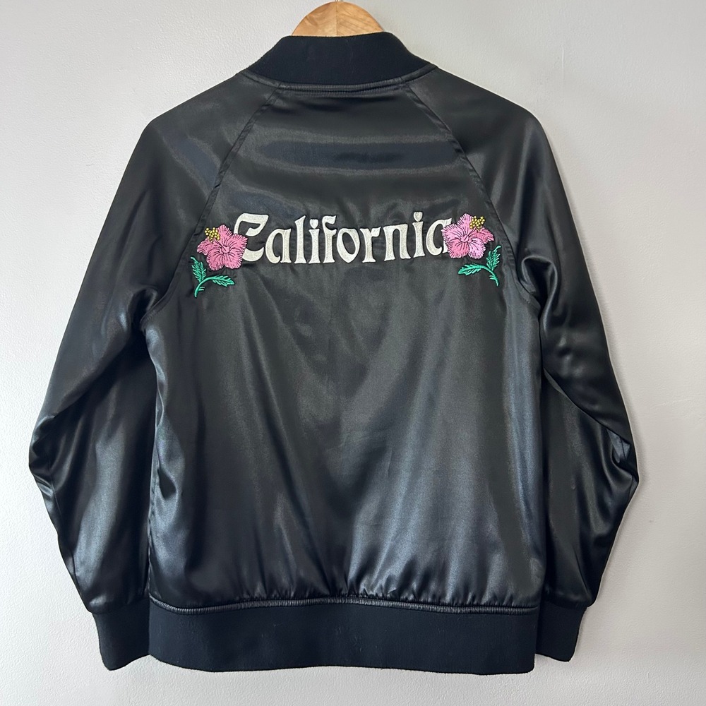 Stussy California Bomber Jacket Mens Small Black Satin Floral Embroidered Y2K